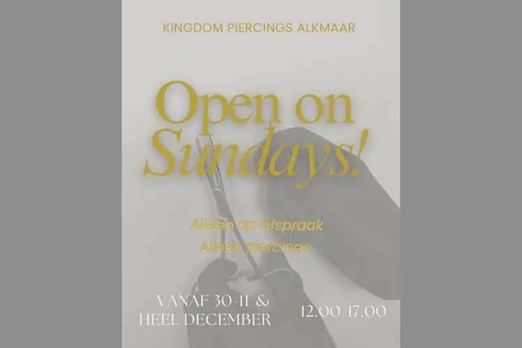 Kingdom Piercings Alkmaar: vanaf 30-11 ook op zondags open