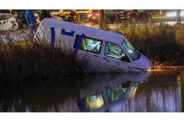 Bedrijfsbus ramt verkeerspaal en belandt in het water